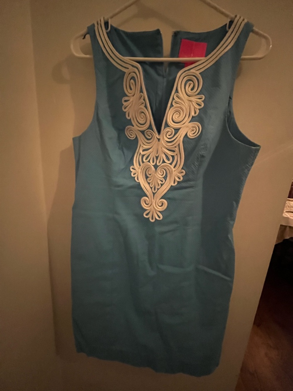 Lilly Pulitzer Turquoise blue Shift Dress with Cream Embroidered sleeveless